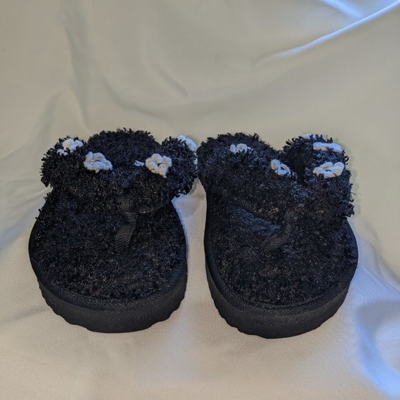 Cute Little Fuzzy Flip Flops Black with Little White Flower - Picture 3 of 9